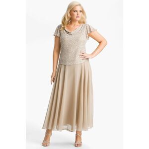 New! J KARA Women's Beaded Sequined Cowl-Neck Chiffon Dress Size 12 Color Beige